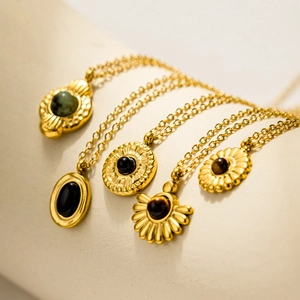 Vintage 18K gold plated stainless steel necklaces with emerald and onyx stones