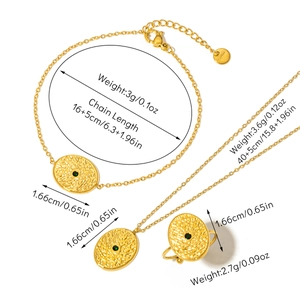 Detail view of gold stainless steel jewelry set with green stones and size dimensions