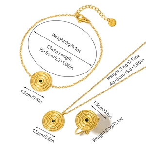 Detailed view of 18K gold plated jewelry set featuring green gemstones and ripple design