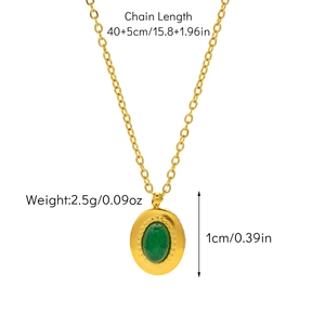 Detail showing 18K gold plated necklace with emerald green stone and chain dimensions
