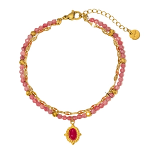Bohemian double-layer titanium steel bracelet with natural pink stone and gold beads
