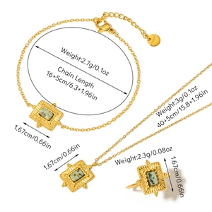 Detailed view of gold stainless steel jewelry set with green stones and dimensions