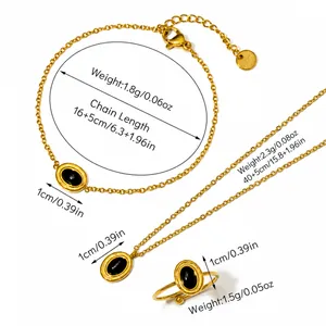 Detailed size specifications for gold stainless steel necklace, bracelet and ring set
