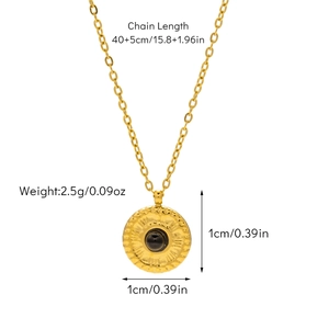 Detailed specs of the 18K gold plated coin necklace with black gemstone and 40+5cm chain