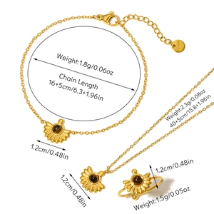 Detailed view of sunflower jewelry set in gold stainless steel with product dimensions