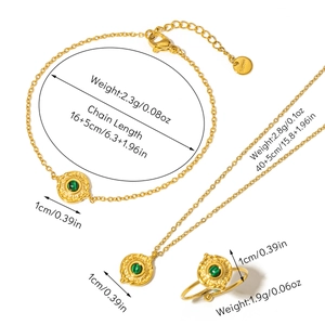 Detailed view of gold stainless steel jewelry set with green malachite stone pendants