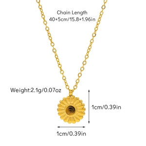 Detail of gold sunflower necklace with tiger eye stone and exact size measurements