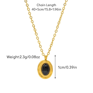 Detail view of 18K gold plated oval emerald pendant with product dimensions and specs
