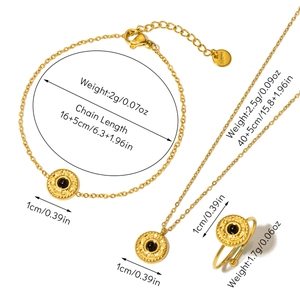 Detailed view of golden stainless steel jewelry set with dimensions for necklace and ring