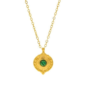 Vintage 18K gold plated stainless steel necklace with round emerald green stone pendant