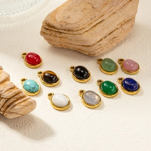 Oval natural stone pendants with gold stainless steel frames for DIY jewelry making