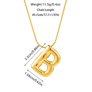 Detailed view of bubble initial B pendant necklace with dimensions and chain length specs