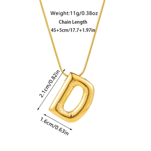 Detailed view of 3D puffy letter D pendant with snake chain, 45+5cm length and 11g weight