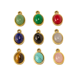 Set of 9 oval natural stone pendants with gold stainless steel frames for DIY jewelry
