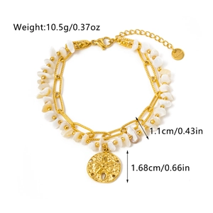 Detail of double-layer gold stainless steel bracelet with starfish pendant and shell stones