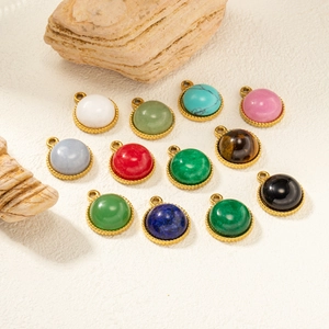 Set of 12 colorful natural stone round pendants with golden beaded edge bezel settings