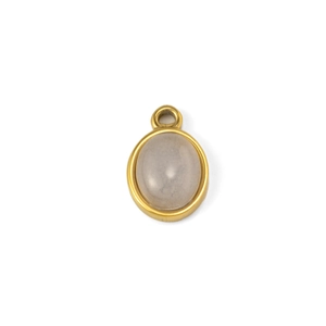 Detail of an oval gold pendant featuring a translucent grey gemstone with top hanging loop