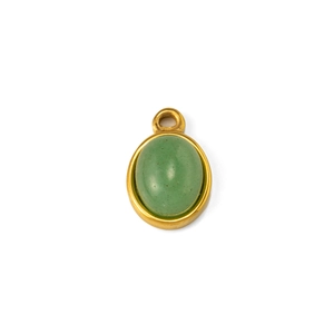 Detail of oval green gemstone pendant with gold plated stainless steel frame for DIY jewelry