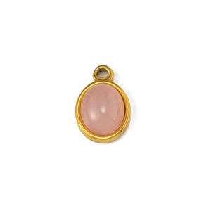 Close-up of oval pink quartz stone pendant with gold stainless steel frame for DIY jewelry