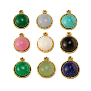 Detailed grid of nine round natural stone pendants with wavy gold stainless steel frames