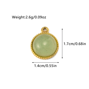 Detailed view of 1.4cm round green natural stone pendant with golden beaded edging