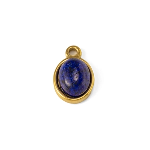 Macro shot of oval lapis lazuli stone pendant in golden stainless steel bezel setting