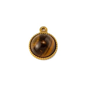 Macro view of gold stainless steel round charm with tiger eye stone and milgrain edge
