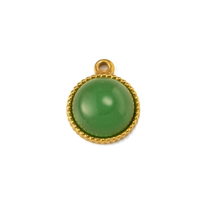 Detail of round green natural stone pendant with gold beaded bezel for DIY jewelry