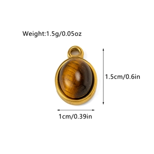 Detail view of oval tiger eye stone pendant with gold steel frame and size dimensions