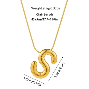Detailed size view of a 3D gold bubble letter S pendant on a sleek snake chain necklace