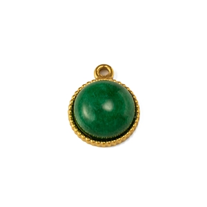Detailed view of a green semi-precious stone pendant set in a golden metal bezel
