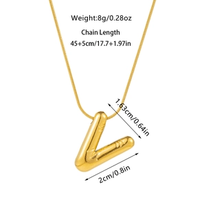 Detail view of gold bubble Letter V pendant necklace showing weight and chain length dimensions