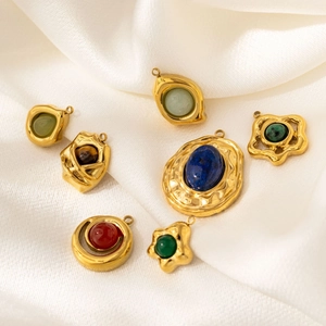 French geometric tiger eye natural stone pendants with gold plated hammered texture