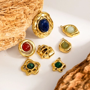 Vintage French geometric tiger eye stone pendants in textured gold-plated stainless steel