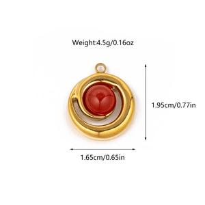 Detail view of round gold spiral pendant with red stone and dimensions showing 1.95cm height