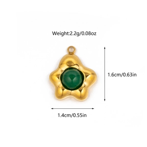 Detailed view of star-shaped stainless steel pendant with green stone and dimensions