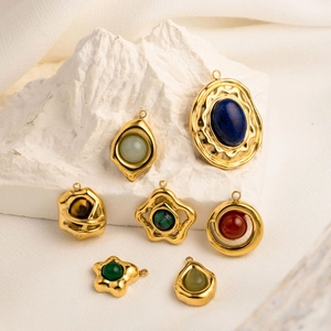 French retro gold titanium steel natural stone pendants with tiger eye and lapis lazuli