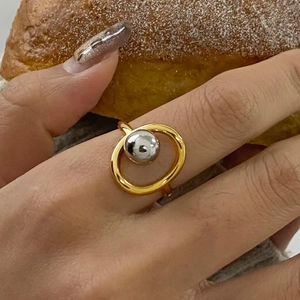 Two Tone Stainless Steel Open Ring Gold Silver Metal Ball Geometric Adjustable Minimalist Modern Trendy Jewelry Women
