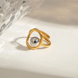 Two-tone stainless steel open ring with gold band and silver bead in minimalist style