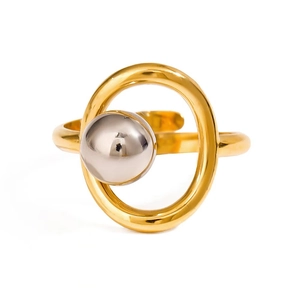 Minimalist two-tone stainless steel open ring with golden oval frame and silver mirror bead