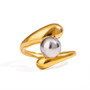 Minimalist 18k gold plated stainless steel crossover ring with a silver metal bead