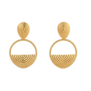 French vintage style gold drop earrings with textured sunburst and woven crescent design