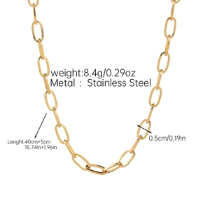 Detail view of 18k gold plated stainless steel oval link chain with technical dimensions