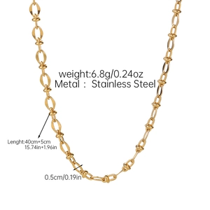 Detailed view of 18k gold plated stainless steel knot necklace with size dimensions