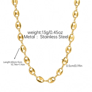 Detailed specs of 18k gold plated stainless steel coffee bean necklace for women