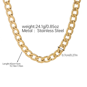 Polished 18k gold stainless steel curb chain necklace showing weight and dimension details