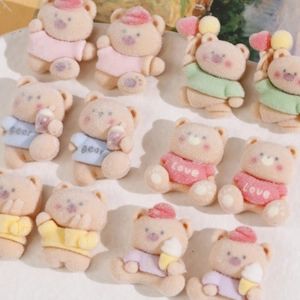 Cute flocked bear resin patches for DIY hair clips and earring jewelry making