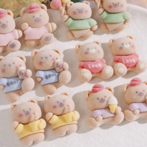Cute flocked bear resin patches for DIY hair accessories and jewelry in macaron colors
