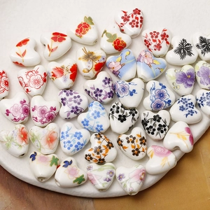 Hand Painted Heart Shaped Ceramic Beads Floral Pattern Glazed Loose Beads For DIY Bracelet Necklace Jewelry Making Accessory