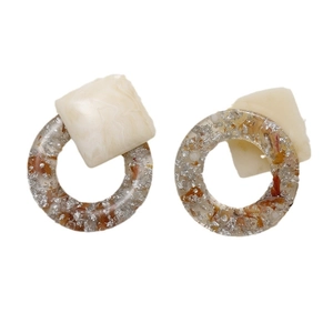 Artistic geometric resin earrings featuring marble square and transparent silver foil ring
